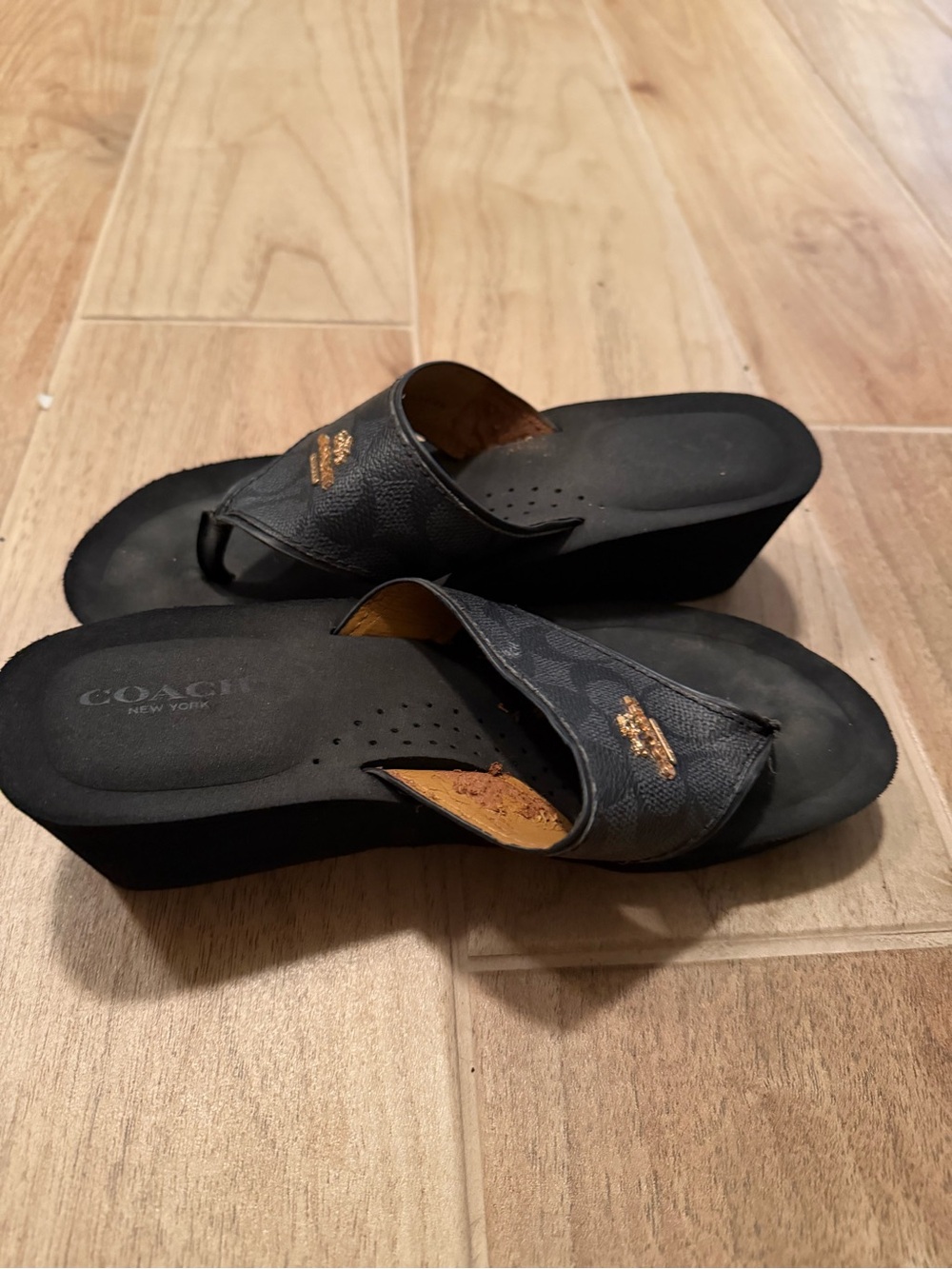 Coach Black Wedge Thong Sandals with Gold Logo Accent